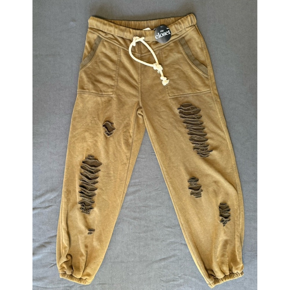 NWT The Closet Distressed Jogger Pants Tan Brown Y2K Sweatpants Unisex Large
